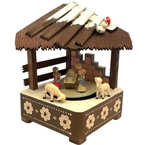 Vintage Anri Nativity Scene Music Box Angels & Baby Spin Play “Joy to the World”